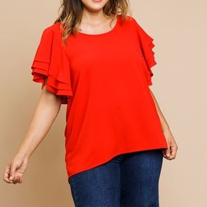 CLOSET CLEAR OUT-New Red Plus Size Tier Ruffle Sleeve Top